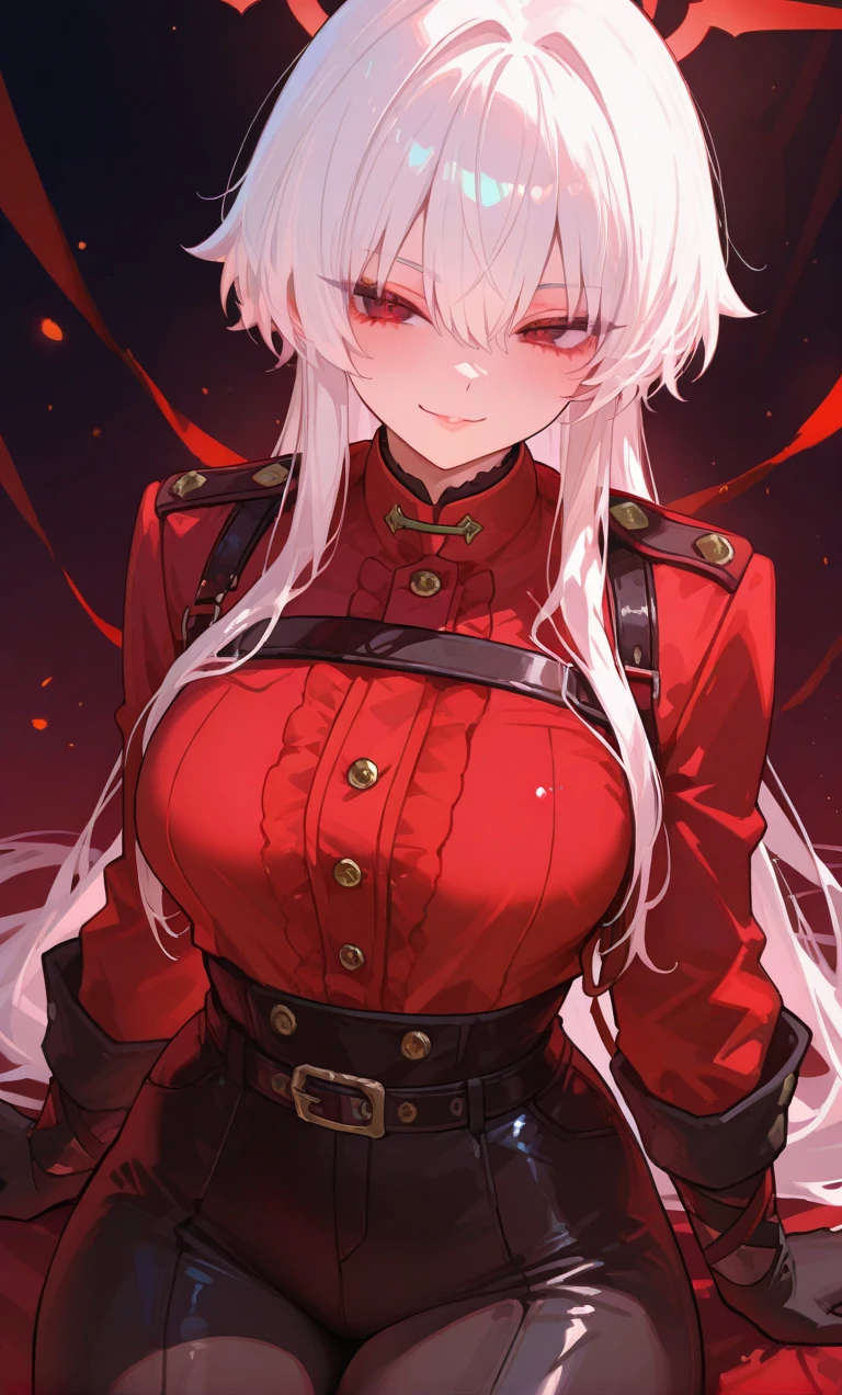 yulha, hair ornament, black gloves, red shirt, cleavage, leotard, belt, upper body, looking at viewer, city, furrowed brow, large breasts, annoyed <lora:yulha-nvwls-v1-final:0.9>, looking at viewer, bedroom, bed, lying,