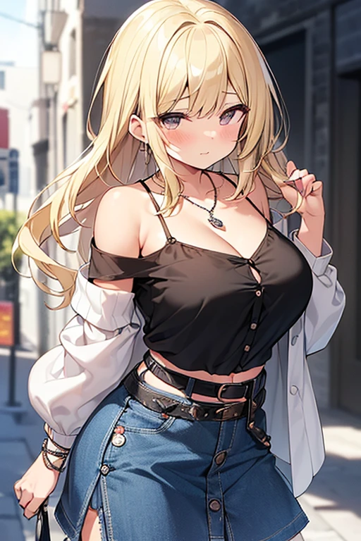 ((medium breast, tomboy girl, small head)), daylight, sunlight, (chiseled abs : 1.1), (perfect body : 1.1), (long straight hair : 1.2), collar, chain, full body shot, crowded street, wearing tight tanktop, jeans jacket, ((shorts)), (extremely detailed CG 8k wallpaper), (an extremely delicate and beautiful), (masterpiece), (best quality:1.0), (ultra highres:1.0), beautiful lighting ,perfect lightning, realistic shadows, [high res], detailed skin, ultra-detailed