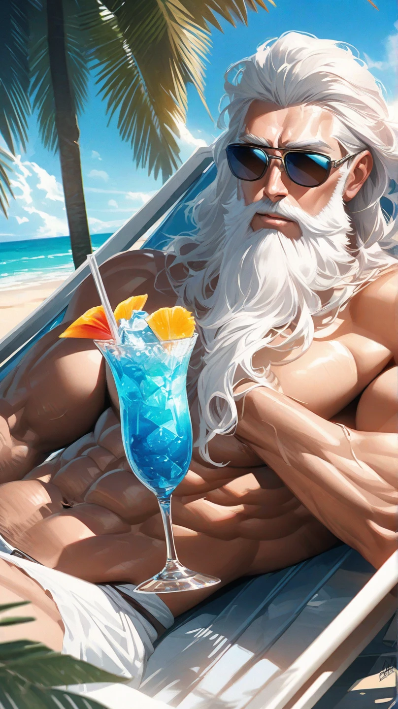 (masterpiece, best quality, detailed:1.2) old muscleman, daddy, long wavy hair, big white beard, smiling , happy face, smirk, wearing a spandex speedo(pink) thong, very muscular body, chest hair , nicebulge, seascape, fluffy clouds, mustache, realistic, full body shot:1.7 , shiny spandex thong(!), playing in waves, beach ball, beach ball spinning, tan skin, water dripping off his body, water droplets glistening, big waves in background, floating on a float, blowup float(donut), lying on float in water, legs open, view from above, lying back floating on water, shiny skin, lots of tattoos on arms, tattoo sleve, surfer necklace, lush tropical flora, tropical flower in his hair, palm tree shade, holding a cold cocktail drink in hand, raising a glass,