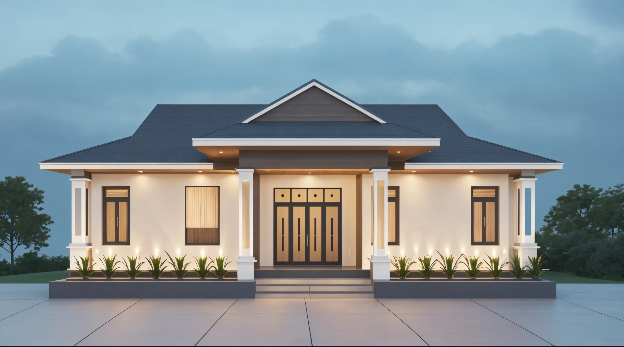 PLATFORM KTHOUSE, 1 morden villa, slope roof, main material of villa about build color wall:1.2 glass panel:1.1 and stone:1.2, 1large yard, 1 road runs in front of the house, (RAW photo, real, best quality, masterpiece:1.2), look morden minimalist, 1 road in front of the house, dynamic lighting:1.3, (hyper realistic, photo-realistic:1.2), high quality, (dark lighting:1.2), perfect lighting, archdaily, no human, light at 12 noon, light in door:1.2