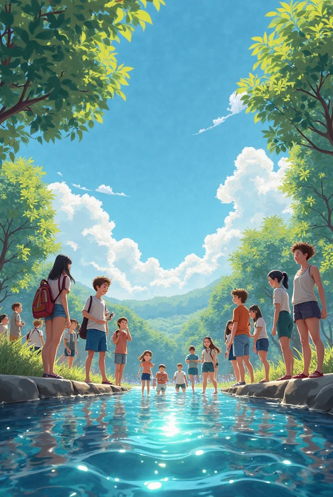 Realistic watercolor painting world。15 Russian schoolgirls wear school swimsuits at a mountain waterfall、Playing in the water so much that you can see all of your legs。Let it be a sublime painting that exudes a sense of happiness.。