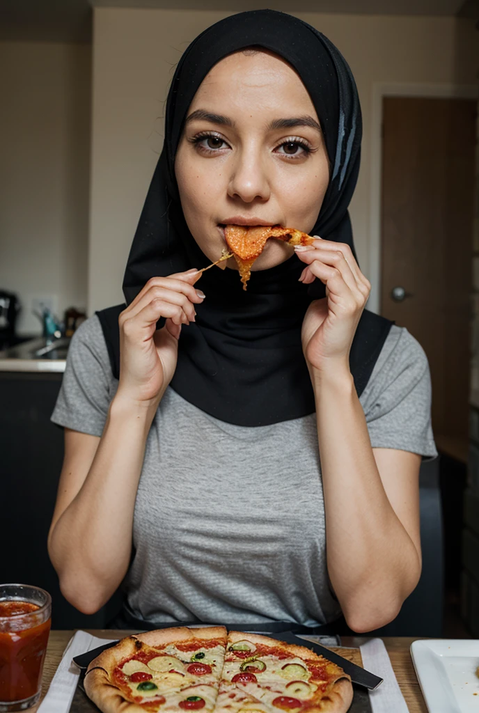 One woman , eating big banana , on green colour bed , beautiful eyes , wearing black hijab , sexy pose , wearing glasses , open window , Surrealism, 8k, super detail , fingering pussy