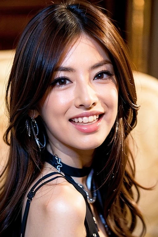 Boa Hancock (one piece), oda eiichirou,, , 1girl, :d, bangs, blue ribbon, diamond-shaped pupils, diamond (shape), hair between eyes, headphones, long hair, multicolored hair, open mouth, purple eyes, red hair, ribbon, shirt, signature, sleeveless, sleeveless shirt, smile, solo, ((split-color hair)), symbol-shaped pupils, white hair, white shirt, sea, one eye covered, watercolor,, ,