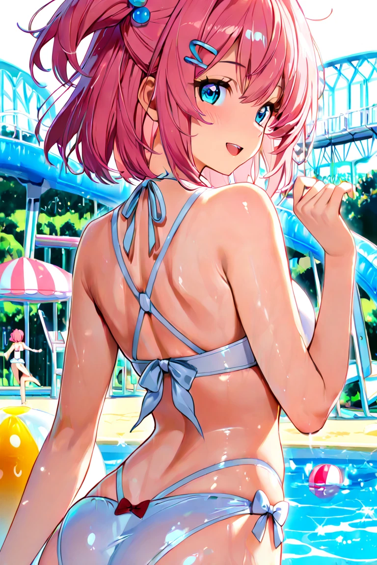 masterpiece, best quality, highres, 8k, 1girl, pink hair, blue eyes, large breasts, looking at viewer, string bikini, standing, poolsidex