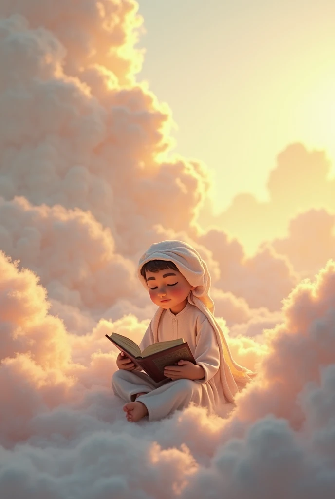 A islamic boy holding and reading Qur'an and flying in the sky