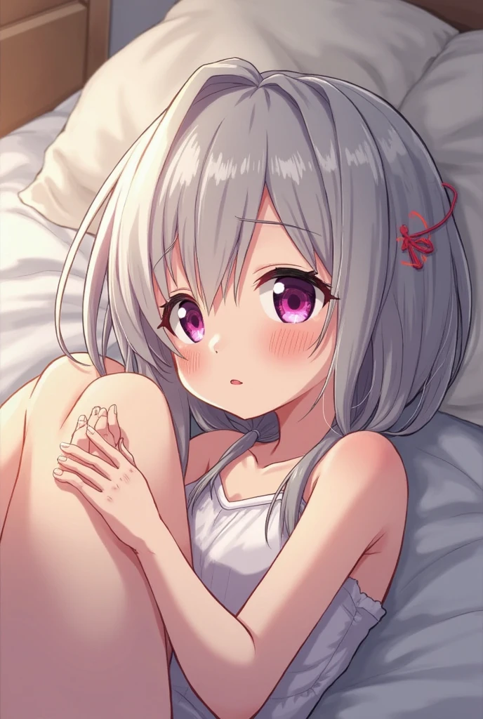 (masterpiece),(Highest image quality),High resolution,(Dainty and cute),(very detailed), 1girl, solo,An illustration,fantasy,short,white hair color,perm,pajamas,pink eyes,small breasts,smile,background through,on the bed