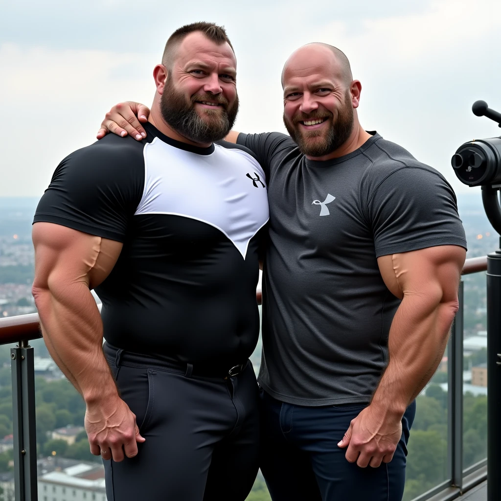 2 white blonde european Giant cowboy bodybuilders males with over-inflated and over-bloated muscles. Handsome smile. Holding hands. Huge well developed muscles. Flexing their massive biceps. Big biceps. Thick pecs and abs. Wide shoulders and lats. Showing off amazing huge muscles. One flexing his huge oversized bulbous bicep peak. Sitting on a boulder with a beautiful forest and mountain vista behind them, they wear only pointy cowboy boots, white long socks, and white briefs, black leather biker jackets, no pants