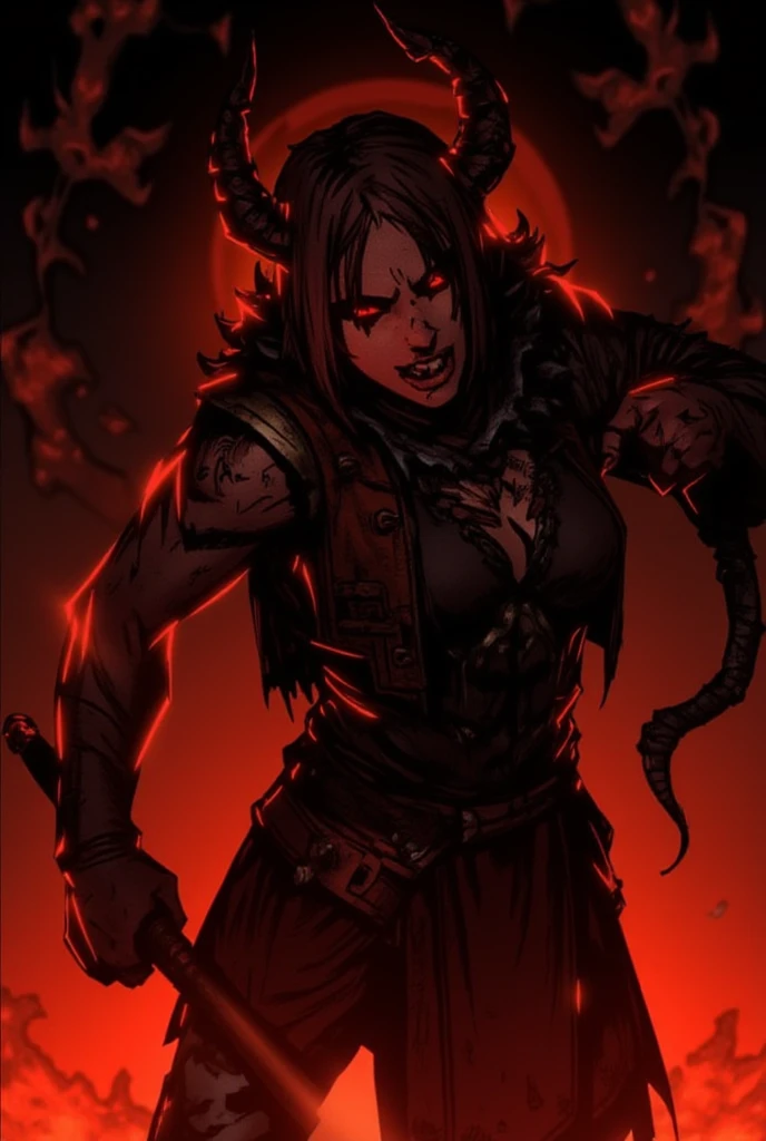 girl wearing torn clothes thats sliding down her body,huge breast,light brown skin,blood red glowing eyes,black and red hair,elf ears,holding a sickle,in a abandoned house,two black horns,scary lighting,moody colors,hair is down, her breast are bouncy and huge,(best quality),no bright colors