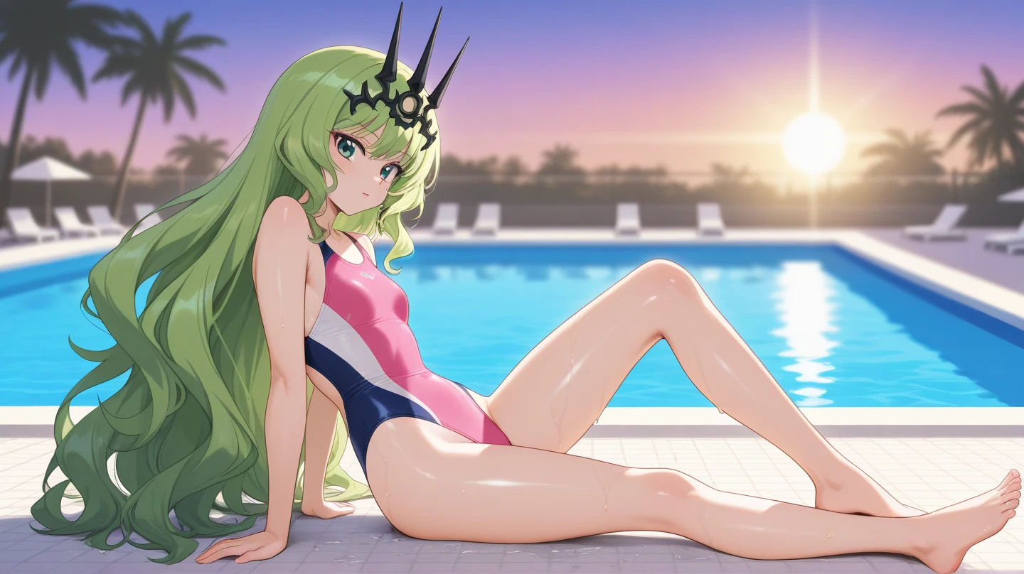 Saori Kido Beautiful 13 Year Old Girl in Green Bikini Anime Style Image Zodiac Hair 