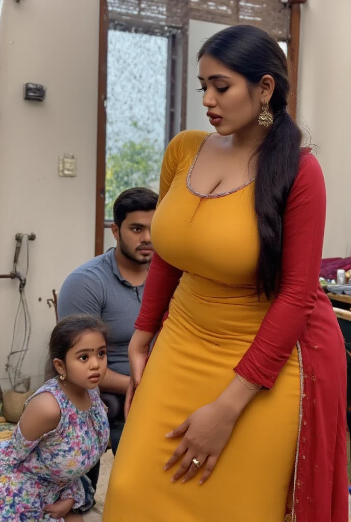 (masterpiece), ((mother and daughter:1.5)), ((posing together)), she hug her waist,  the best quality, expressive eyes, perfect face, beautiful details face, ((flawless goddess)), ((indian gold chain ornate jeweled headpiece)), ((indian heavy jewelry)), A beautiful mature woman in reveal clothing posing shows her Extremely busty and attractive body, perky breasts and aerola, (smirk), multicolored hair, (random hairstyles, shiny hair, ((long sleeve double slit loose dress)), ((strapless dress)), ((see through ornament dress:1.2)), ((transparent clothes:1.2)), open clothes, ((multi crop dress)), beautiful details eyes, glowing eyes, ((forehead jewel)) , (diamond hair orament),(natural round breasts:1.4), (peek nipple), thick body, upper and bottom body, (well accentuated curves), pink lips, white nails, mascara, Long eyelashes, (Extremely wide well defined hips:1.5), ((thin waist:1.2)), (beautiful massive thick muscular thighs:1.4), tight thick, thick thighs, has a tall slender figure, Extremely detailed skin texture, (beautiful detailed realistic muscle definition), (ultra-high quality model), proportionate, intense colouration fantasy, (fantasy ruins, beautiful background), random places, gold and silver flora pastel tetradic colours, hair ornament,silver earrings, cleavage, detached sleeves, jewelry, earring, posing in waterfall tample, (((indian tample)))
