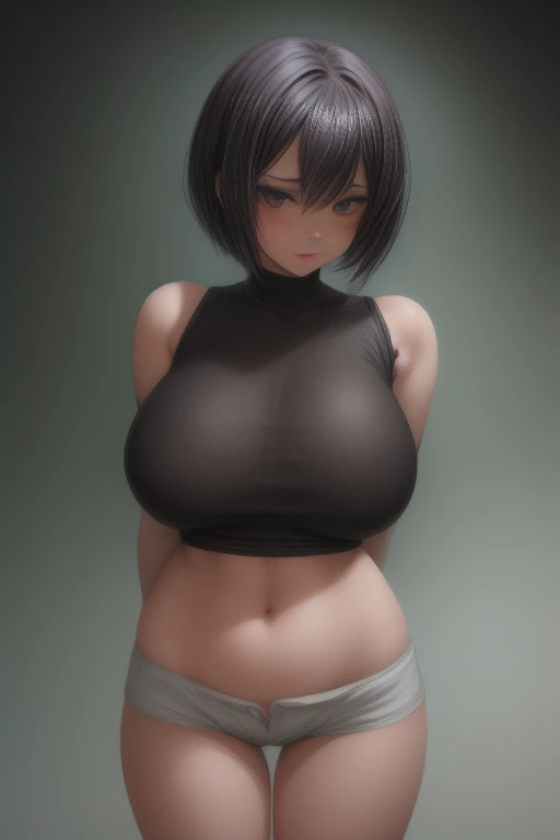 (( (T Masterpiece),1 female,(Highly detailed CG Unity 8K wallpaper, highest quality,cinematic lighting,Photoreal, detailed background,fine eyes,(very detailed and beautiful),(Beautiful and fine eyes description),Super detailed,T Masterpiece,High resolution)), (perfect anatomy:1.2), (buckshot:1.4), Curvaceous, (constricted waist, big and firm butt), ((short black hair:1.8)), (red eyes:1.4), (shirt that emphasizes the chest:1.5), (shorts:1.5), ((indoor:1.5)), (black eyeliner,black lips), (tattoo on right side and left thigh:1.5)