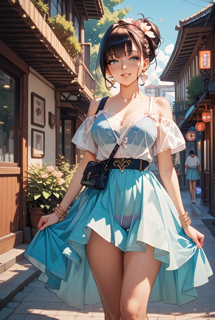 woman, 20-year-old, Short dark wavy hair、bangs、Plump nipples、(White Turtleneck Knit)、(Blue long skirt), Black Stockings Dium Milk, Cute Smile、((Pose that emphasizes the buttocks、looked back))、Sexy Hips、Black high heels、Big Necklace、((((The wind blew my skirt away, Please expose my panties...))))、(Light blue lace panties)、Cute Earrings、(Please tilt your head a little)