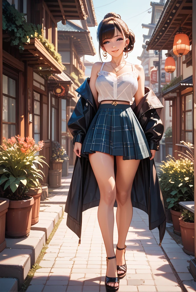 realistic, 1 women, best quality, 12k, HD, wear Allstars shoes, 1080p, long hair, big round breasts, cleavage, ponytail, necklace, jewelry, shorts, short jacket, slim hips, hair tie, yellow eyes, black hair, super detailed, Eye details, hair details, person details, mouth details, face details, breast details, clothes details, hair details, pants details, hand details, whole body