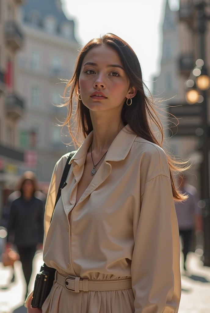 1 girl standing, wearing transparent shirt, very detail, realistic, holding ball, 20 years old, long hair, afternoon, city, beauty, amaze