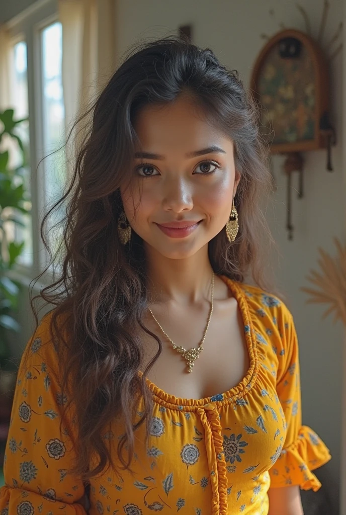 (RAW style, masterpiece, best quality, ultra-detailed), 20 years old girl, deep V sweater, cheerfully and happy, clear sky, analog style, (skin texture, film grain), sidelighting, ultra high res, realistic, indian looking