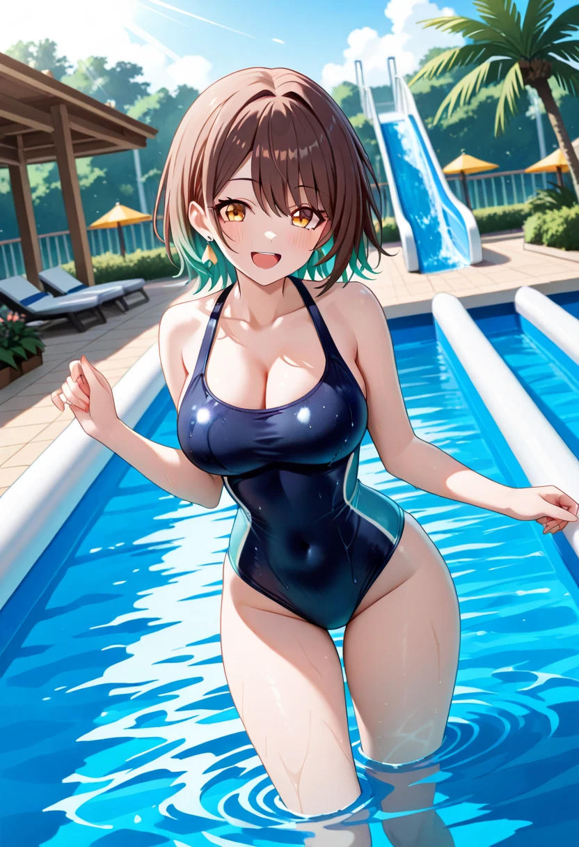 Highest quality,masterpiece,Dark brown hair,female teacher,Pool lessons,Sexy Swimwear,Working hard for the boys