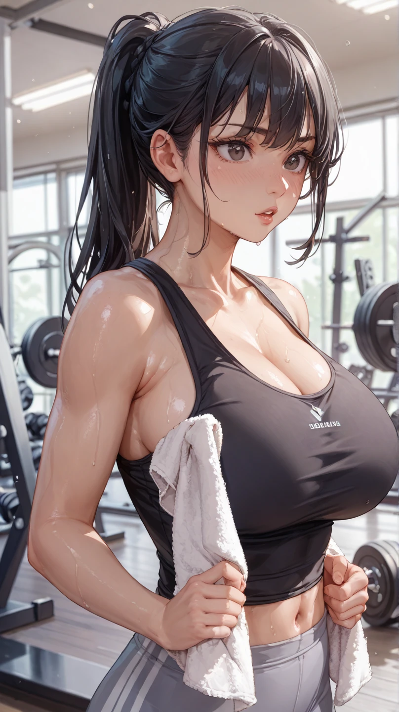 ((best qualtiy)), ((tmasterpiece)), ((highly intricate detail)), big breasts beautiful, high high quality, A high resolution, hoang lap, Light dispersion, intricately details, Complicated details, extreme detailed eyes, rich colourful, highest details, vivd colour, hight contrast, (8K UHD:1.2), (realisticlying:1.2),(tmasterpiece:1.4), (best qualtiy:1.4), realisticlying, Large breasts。Immerse yourself in the awe-inspiring presence of a girl with an extraordinary muscular physique in the gym。With her colossal strength and chiseled body,She confidently flexes her muscles,Exudes strength and determination。Her physique is indeed outstanding,bulging muscles,Ripple with power。Her arms are decorated with huge biceps and sculpted triceps,Every muscle fiber is clear and purposeful。Her chiseled six-pack abs proudly showcase her dedication to physical fitness,This is a testament to the time she spent honing her body to perfection。She was wearing a workout suit,Highlights her muscular form,Exudes confidence and dominance。Beads of sweat ran down her sparkling skin,This is evidence of her intense physical exertion。The gym serves as her domain,A sacred space,She pushes her body to its limits,Beyond what is considered possible。short detailed hair, Beautiful black hair, Be red in the face, 28+ the face, the face, , wet mouth, NSFW Art, body curve, Fully sexy body, White gauze coat, (full bodyesbian)), full bodyesbian, Random Location, random pose position, Random Location, beauty shirt, ((The upper part of the body))