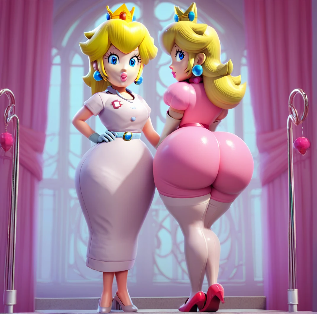 Two women standing side by side facing forward,(( Stand in line)),Full color images, ((Standing posture)),Hands on hips, (Princess Peach:2),(Princess Daisy:2),Favorite scene,Stuffy stuffiness,sweating,Super huge ,armpit showing pose,Sweat dripping, Sweat more,Chubby,tiara,Armpit hair is very dense,Sexy look,The whole body is projected,(Two women wearing long dresses:1.2),Two Girls