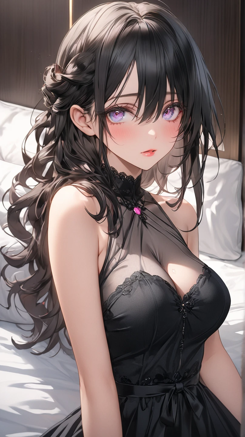 hentai, sex, best quality, (masterpiece:1.2) detailed, A fox girl, perfect angle, close up, a woman black hair with ponytail and a white diadem, purple eye color, black fox ears and single fox tail, Wearing a green and sexy lingerie, in a detailed bedroom, 8k wallpaper, ultra detailed, perfect anime