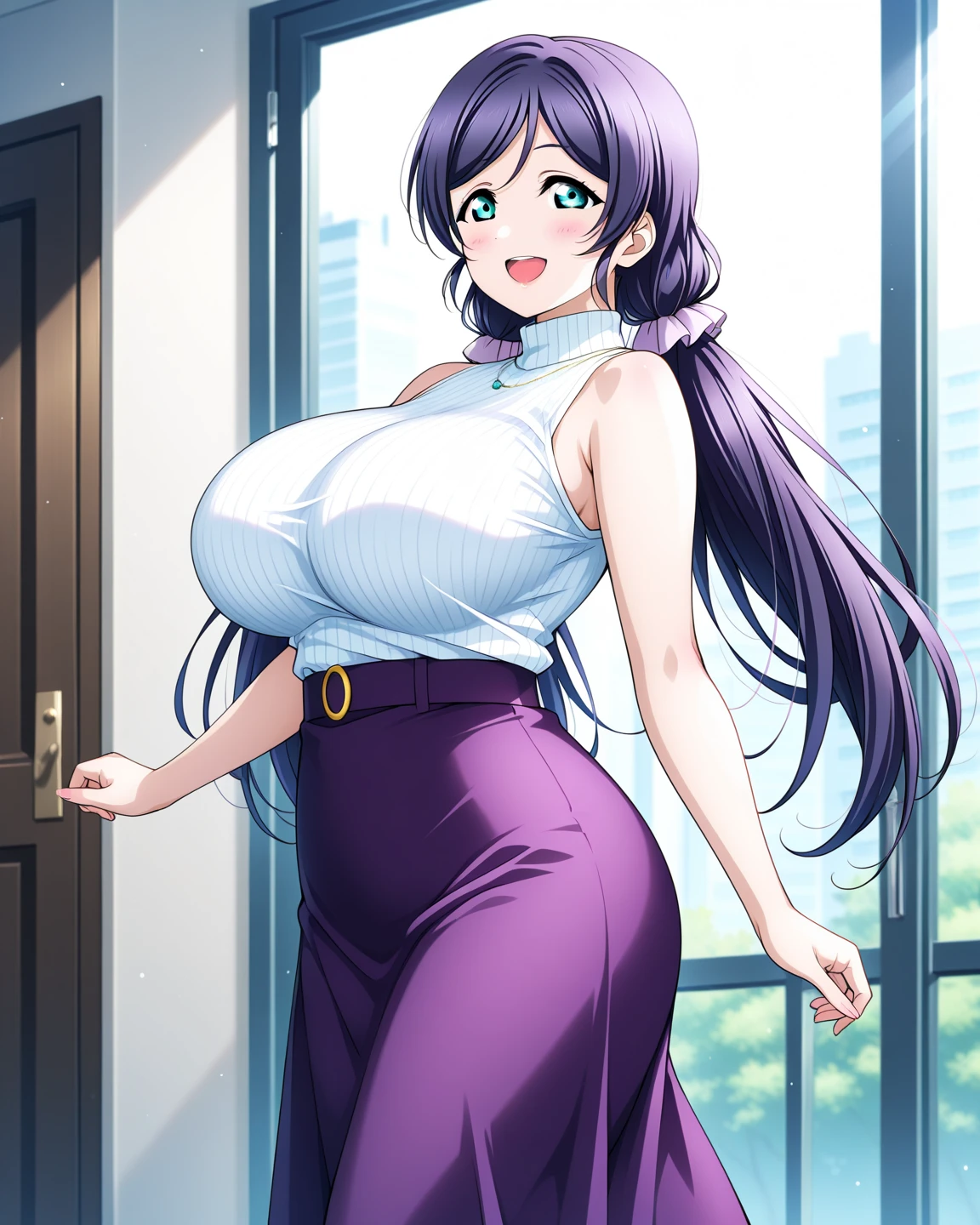 Large Breast, Mature woman, grape purple mini skirt, pair skin, orchid purple t-shirt, dark purple long hair, hot pink hair tie, standing, solo, amethyst purple eyes, curvy body, reapaired, happy, perfectly rendered, complete hand