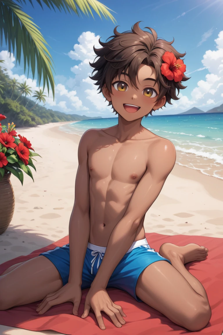 highest quality、realistic、young、boy、Japanese、Ocean、sit、Orange Micro Bikini、tanned skin、sweaty skin、swollen crotch、smile、peace sign