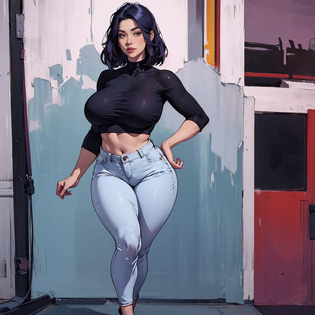 Short hair, very big body, very big ass, very big tits, very big thighs. Wearing a . Very tall. Showing off his armpits. There are stains in his armpits.