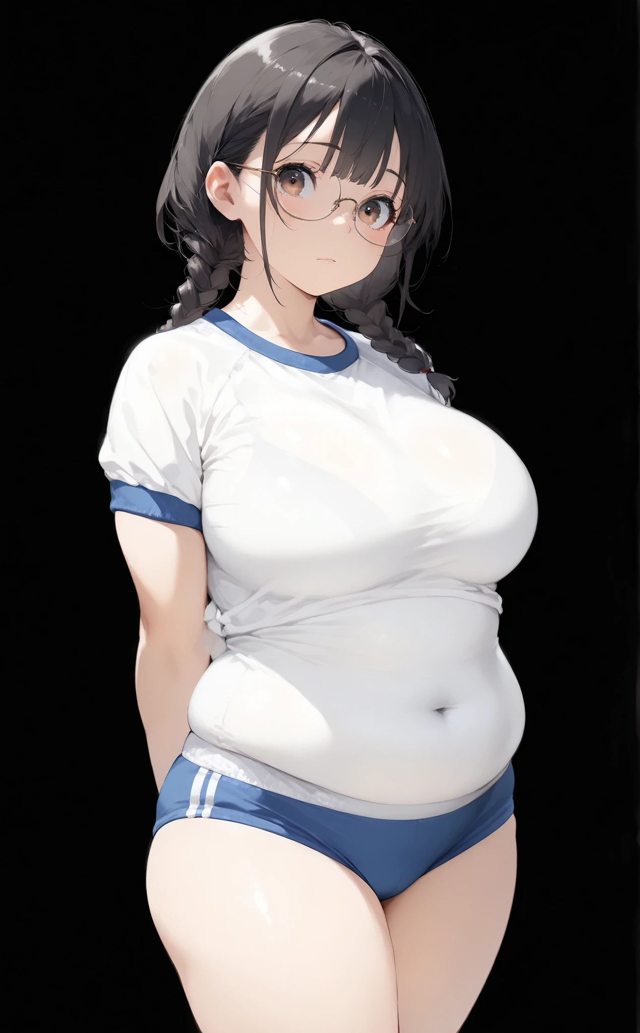 highest quality, white background, 1 girl, round glasses, yellow eyes, ((((Loli)))), (((short))), cool face, Standing picture, The whole body is facing left,  standing upright, brown short bob cut hair, (BREAK Black Swimsuit), (thin legs), (((((Only my chest is too big))))), (legs are too thin), (butt is very small), ((big breasts))