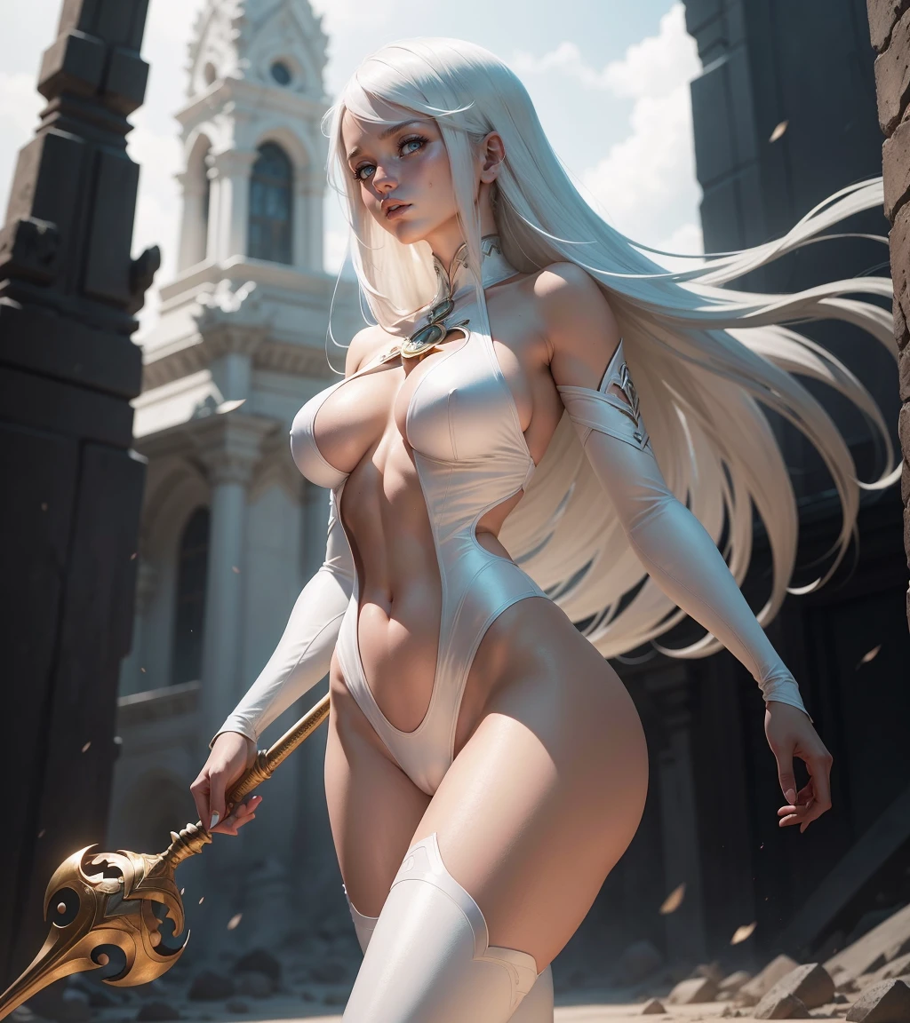 Sexy Succubus Girl with White Long Hair, Beautiful face. Bronze skin, with small white wings on his head. without wings. Dressed in a shiny scaly white leather bodysuit and high heels. standing in the office. Calling beauty. Intimate details. high detail. 8k. Full height in frame. (detailed hair.) OverallDetail:1.3