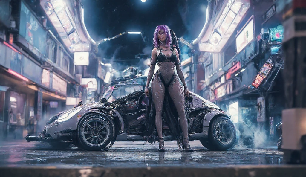 gorgeous woman, Alone, long purple hair, wearing a short gray raincoat, naked body, realistic, sexy, leather, underground city, ruins, mutants, apocalypse, Armageddon, Ready for action, 4k, cinematic lighting, grain, darkness