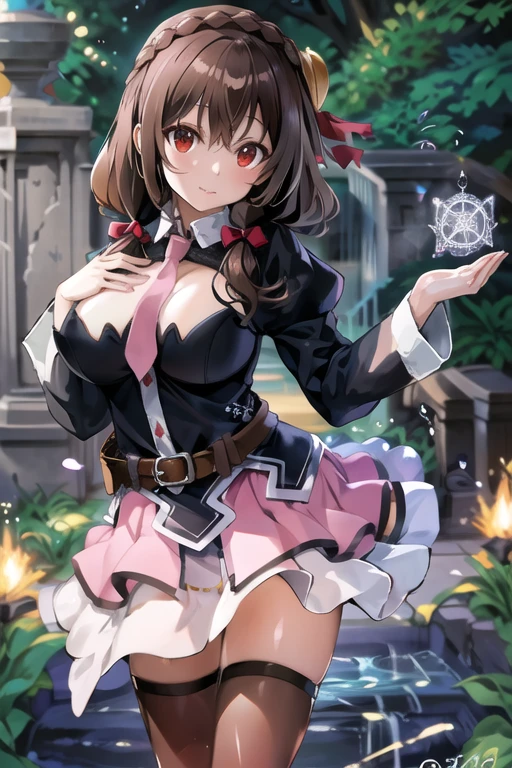 ((Tabletop, highest quality, High resolution, , Pixel Perfect, 4K, ))), Beautiful woman,, alone, beauty、The whole body is visible、 (((Sexy Witch Cosplay), Long dark blonde wavy hair、Off-the-shoulder jacket, Dark blue flared skirt、Witch Hat、, bangs, )), ((Brown eyes, Beautiful eyelashes, Realistic eyes)), ((Detailed face, Blushing:1.2)), ((Smooth texture:0.75, Realistic texture:0.65, Realistic:1.1, Anime CG Style)), Center of chest, Dynamic Angle, Perfect body, ((,)), Leaning forward、、、Very embarrassing panic smile, 、Castle Town Square、(The wind flipped up her skirt, Pink lace panties are in full view、、、、、)、Angle from below