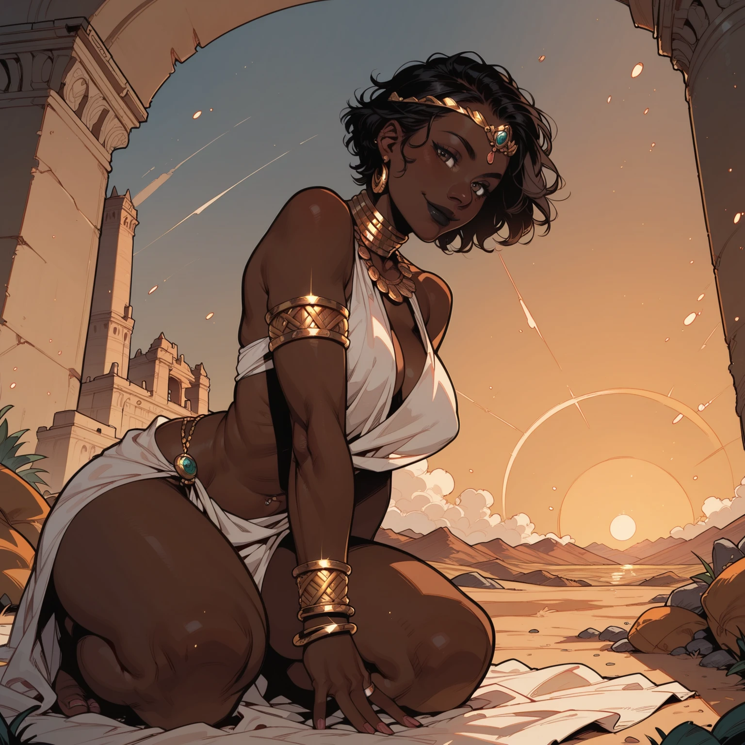 A women with brown skin, hair in a slick,non messy bun. Slight pudgy stomach, big breast, big hips, and big butt. Her eyes closed while playing a harp. Wearing a robe. Laying down. Angelic