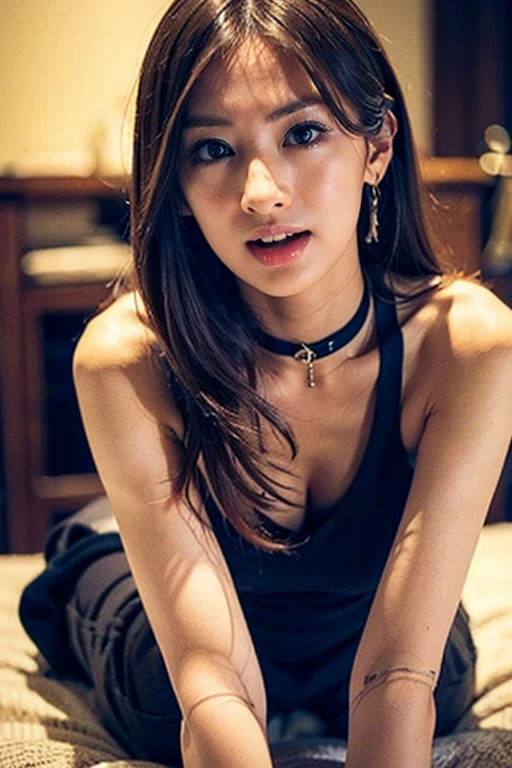 masterpiece, highest quality, alone, 1 girl, glowing skin, sparkling earrings, glamorous, quirky details, slicked hair, attractive, bare shoulders, Sheer lace crop top, Tight Skirt, shallow depth of field, contrasting, Professional Model, facing the front, Overbyte、half open mouth、blush、 small and perky breasts