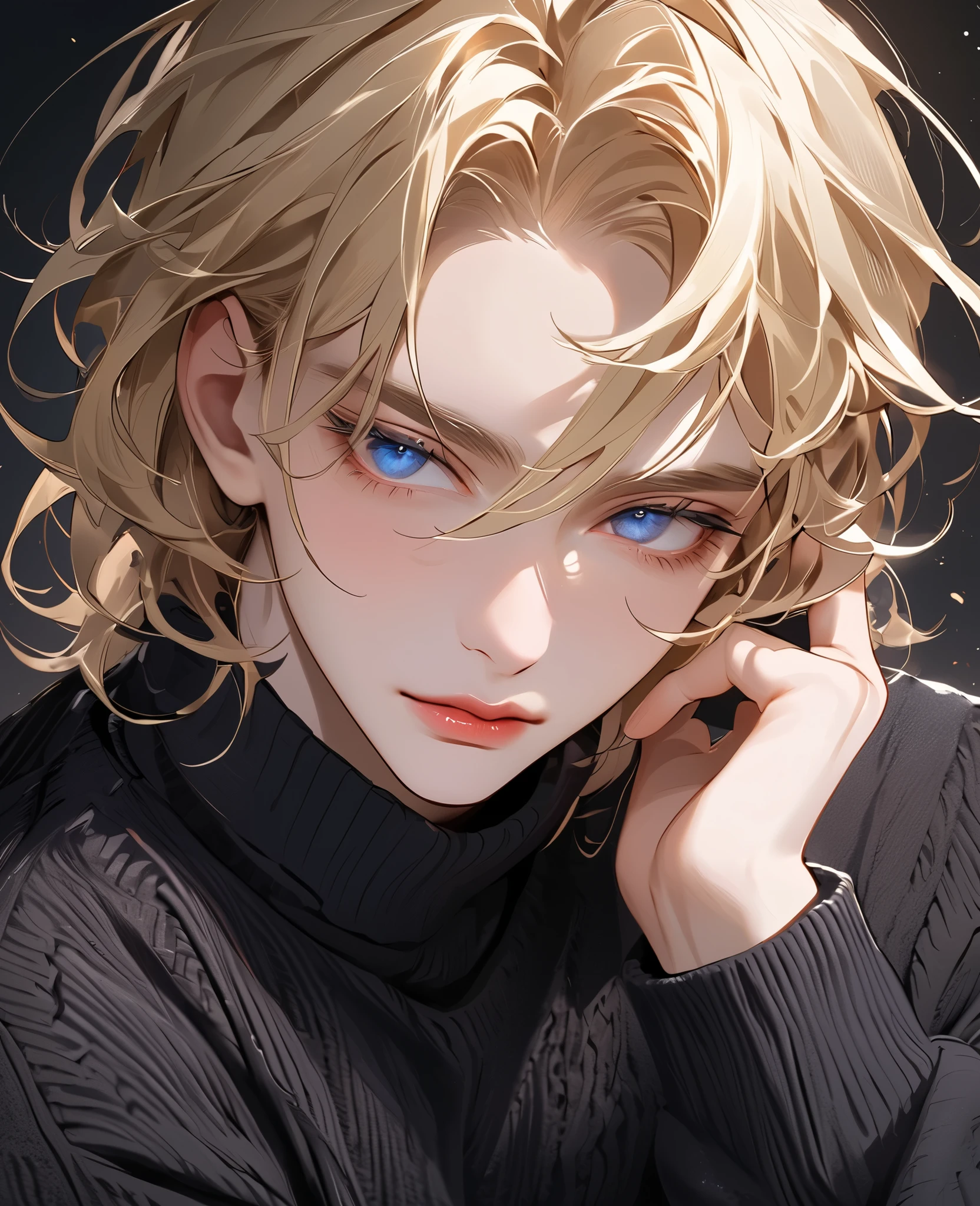 Boy, with long blonde hair, dark blue eyes, sharp features, light white skin, light pink lips, handsome, perfect, elegant, wearing a brown sweater, black sweater, bright and clear colors, high quality resolution.