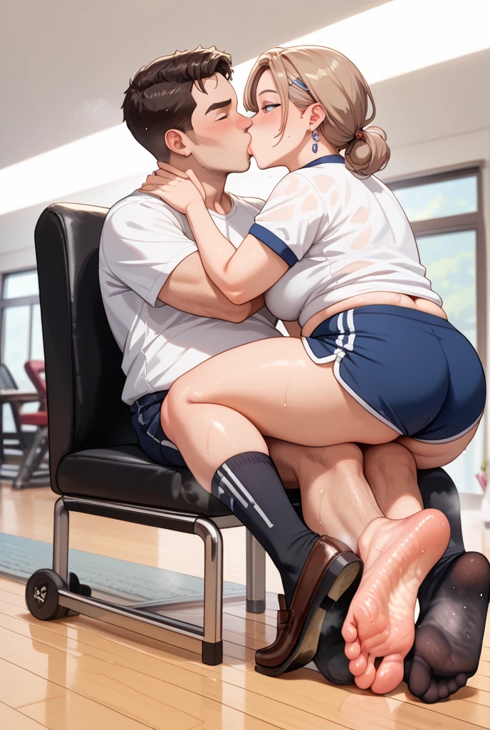 1girl, 1boy, feet, pantyhose, book, brown hair, hetero, toes, long hair, male child, green shirt, sitting, mother and son, shorts, shirt, scrunchie, legs, child, ring, clock, skirt, open mouth, closed eyes, see-through legwear, wedding ring, black hair