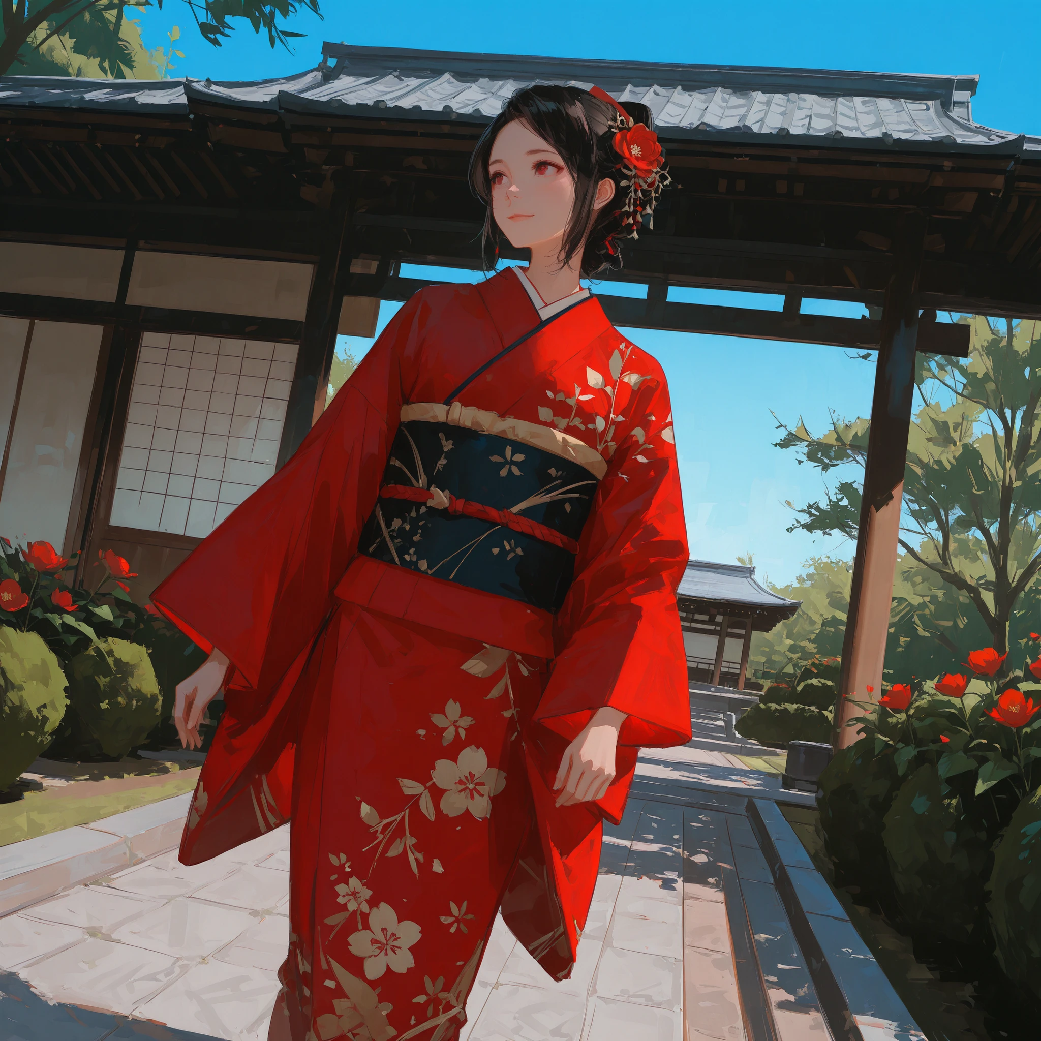 medium shot, dutch angle, grace, Beautiful detailed girl, 20 years old, silky black hair, french twist hair, beautiful hair ornament, light smile, dark-red kimono with flower pattern, walking, outdoor, in Japanese garden, blue sky