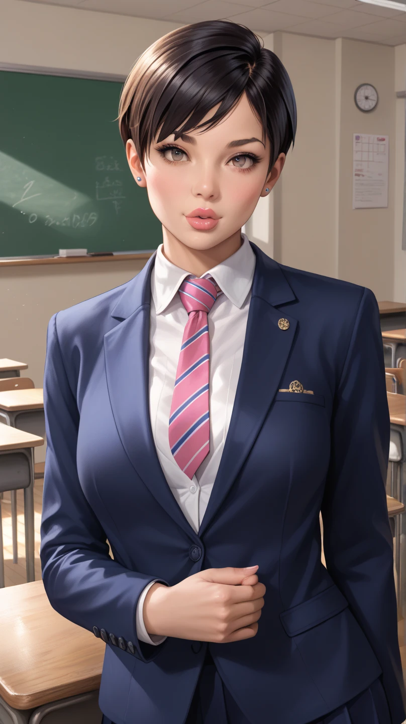 realistic woman, (aegyo sal: 1), 18 years old girl, (gray blazer, ribbon, short folded miniskirt, stockings, private school uniform: 1.2), high school classroom, beautiful detail in the eyes, (eye size: 3 /4) light on the face, ((full shot photo)), especially strong back side light, (upper eyes, smiling smile: 1.2), shiny skin, (((black hair, bob hair: 1.2))), ( beautiful thighs), ulzzang-6500-v1.1: 0.2, bashful, (flash: 1.2), NSFW, ((seductive posture: 1.2, attractiveness: 1.2)), (idle), (sitting at a desk in the classroom: 1.2)), ((good anatomy: 1.2)), ((bright and refreshing classroom, blurred background: 1.2)), perfect face, cute and symmetrical face, (High Angle Shot: 1.2)s.,((RAW photos, superior quality, masterpieces), High Definition RAW color photos professional close-up photos, (realistic, photorealism: 1.37), (highest quality), (best shadows), (best illustrations), ((erotic, sexy, ultra-high -resolution, HD Unified CG Wallpapers, Physical representation, movie lighting), Canon EOS R50 camera 50mm lens
