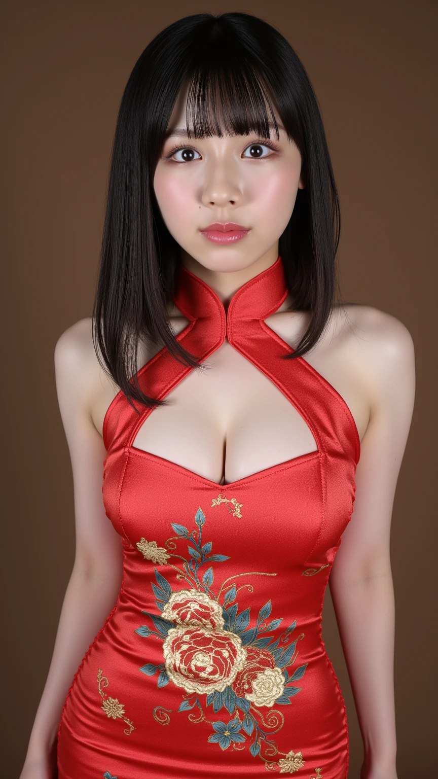 ((NSFW)),(masterpiece:1.2, highest quality), (Realistic, photoRealistic:1.4), Beautiful illustrations, (Natural Side Lighting, Cinema Lighting), Depth of written boundary,
View your viewers, Face Focus, Upper Body, 1 girl, Japanese, high school girl, Perfect Face, Cute and symmetrical face, Shiny skin,
(short hair:1.5, Double good, Brown Hair), Asymmetrical bangs, Brown eyes, Long Eyelashes, (Medium chest), thin,
Beautiful Hair, Beautiful Face, Beautiful fine details, Beautiful clavicle, Beautiful body, Beautiful breasts, Beautiful thighs, Beautiful feet, Beautiful fingers,
((Detailed cloth texture, (Sleeveless Red Micro Cheongsam), Slit at waist)), White lace panties,The hem of her skirt is blown up by the wind, revealing her panties,
(Beautiful views), evening, walking, (Smile, Upward glance),