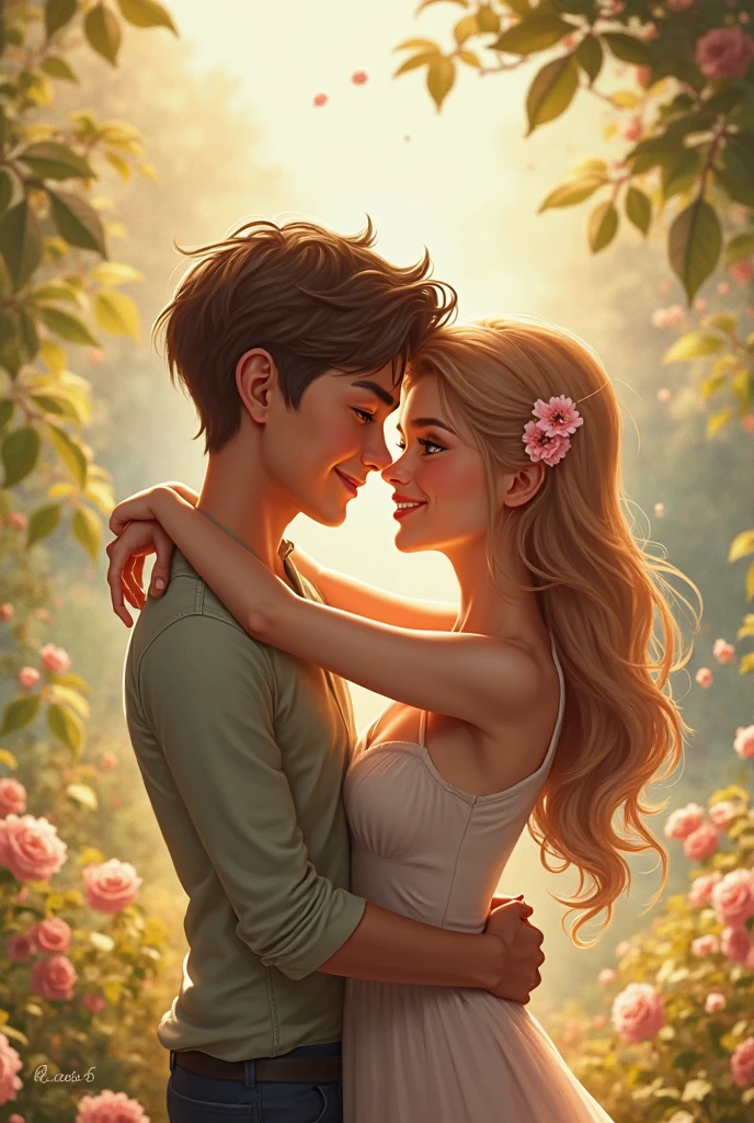 A white woman with blonde hair and a brown man with curly black hair in a garden couple