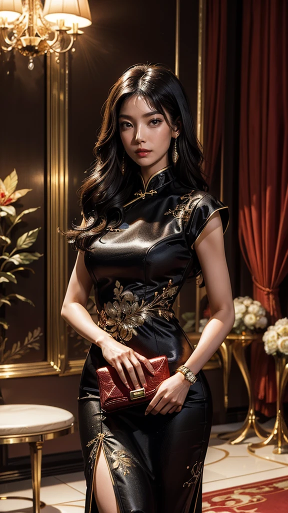 finest image, 8k, RAW photo, realistic, detailed, delicate, flashy and dynamic depiction, satin silk black cheongsam, iridescent golden luxury embroidery, beautiful woman, glossy black straight hair, gold sharp eyes, red thick lips, perfect proportion, background red room