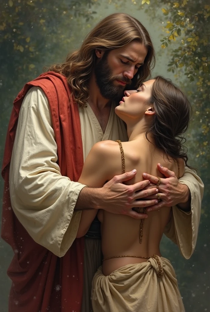 Jesus making a woman give a