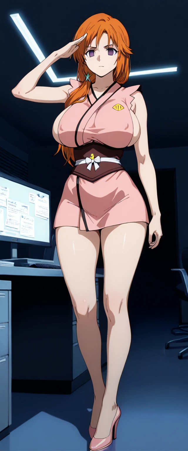 sitting at chair, (white nurse outfit), nurse hat on her head, at medical office room, medical room background, mei terumi, 25 yo, mature women, solo, takeda hiromitsu style, anime cels style, best quality, high resolution, (large breasts:1.3), cowboy shot, blush, smiling, slim body, long hair, brown hair, green eyes, ((hair over one eye)), pink lipstick