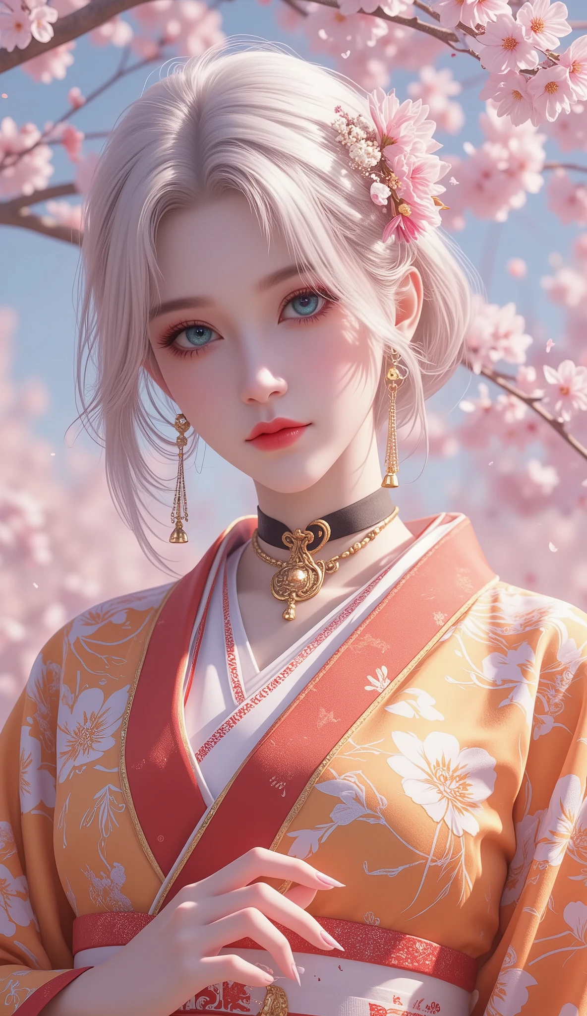 (masterpiece, detailed:1.2), bell choker, big, mature woman, milf, (platinum hair), gradient hair, asymmetrical haircut, aqua gradient eyes, massive breasts, extremely busty, thicc, chubby body, expressionless, mole under eye, polished nails, (orange gradient oriental kimono, cherry blossom pattern), housewife, cherry blossom park, cherry blossom Petals,