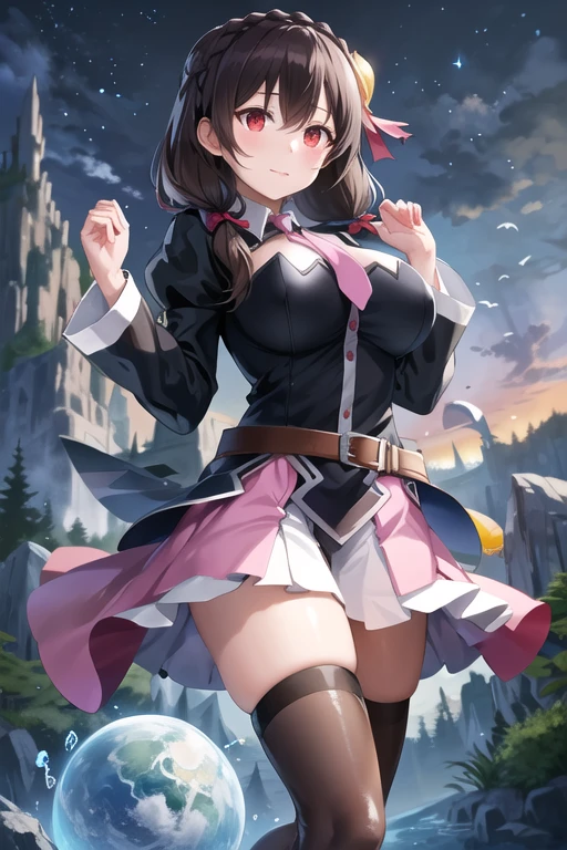 (masterpiece), (See the perspective), Iron sword, (Larger clothes:1.2), mini skirt, ((Rainbow clothing)), choker, (Bandaged hand), (An iridescent coat with ornate iron embroidery, Decorated with iron), (Red spiked hair, Iron streaks in my hair), Green Eyes, Thigh straps, (Neocity), (cloud), addition_detailed:1, Hair above the eyes, Hair on one eye, huge , , , Ultra Large_chest!! chestのタイプ_melon, Juicy Cameltoe, (Mature Woman:1.3), Curvy,