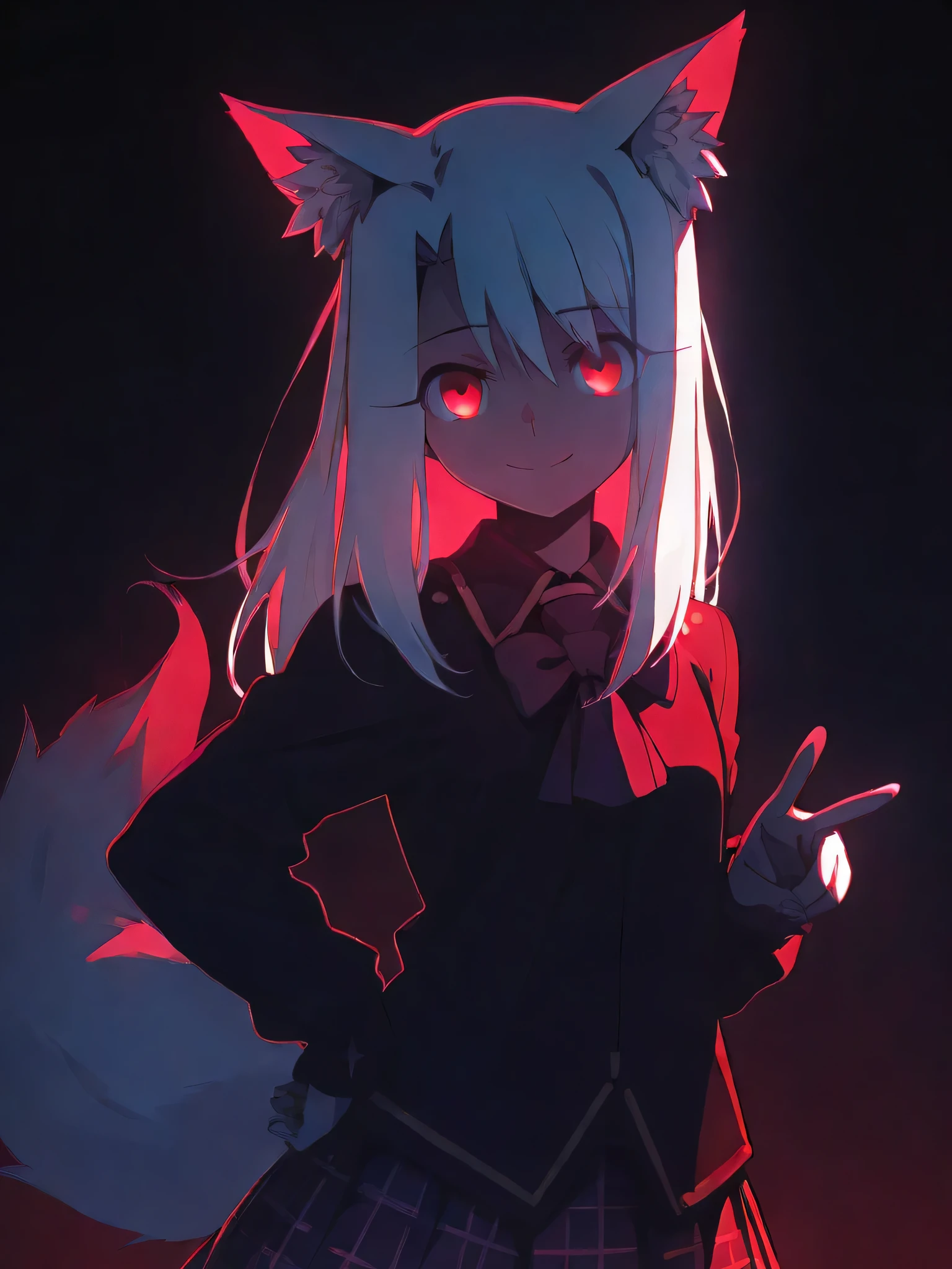 1girl, pleated skirt, bow, bowtie, breasts, cardigan, white hair, hand on own hip, long hair, looking at viewer, plaid, plaid skirt, pleated skirt, red eyes, school uniform, skirt, smile, solo, v, dark background, lelst0_illu, bloom, high contrast, colorful, cinematic lighting, tone mapping, high saturation, color grading, bloom, masterpiece, best quality, long hair, (glow), red theme, red eyes, fox ears, fox tail, glowing, dark background, dark atmosphere, illyasviel von einzbern, watercolor, pastel,