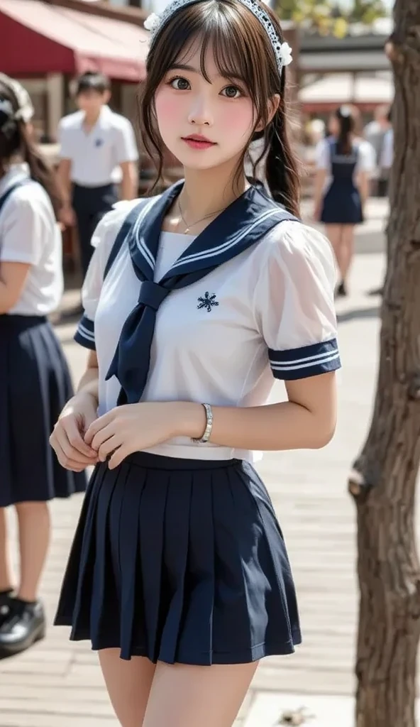 neat college girl, (school uniform, sailor uniform, ribbon tied at chest, summer clothes, upper body white, skirt dark blue, short sleeves), outside the athletic field, (slim), photorealistic, detail, skin texture, ultra detail, delicate and sexy collarbone, smile, super detailed face, detailed lips, detailed eyes, double eyelids, small breasts, small breasts, small, flat breasts, breast emphasis