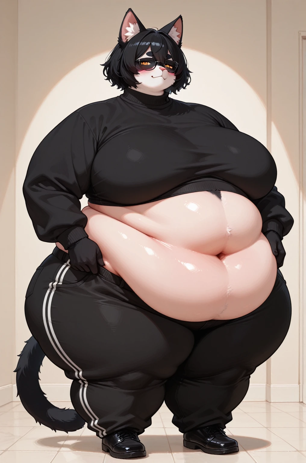 masterpiece, best quality, 1boy, (mature), solo, male focus, navel, nipples, blush, flat chest, (big bulge:1.5), (grey eyes), otoko no ko, black hair, looking at viewer, leggings, curvy, wide hips, thick thighs, standing, full body, bedroom background <lora:CurvyFemboy:1>