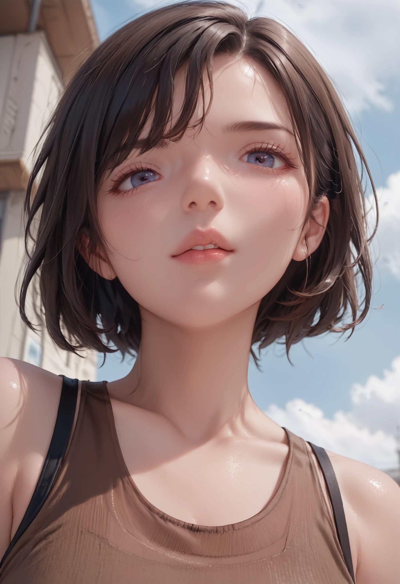 1 girl,latex brown tank top,latex brown panty、look at someone watching in close-up, low angle, Face hidden by chest , look down、A woman in love、like ren