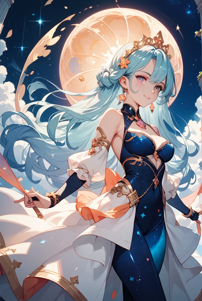 Anime Style,Nostalgic,Detailed background,The medieval world,A lively space with many people々Palace of the,A beautiful smiling bard elf with light blue hair,Large Breasts,Healthy thighs,Underarm,M-shaped legs