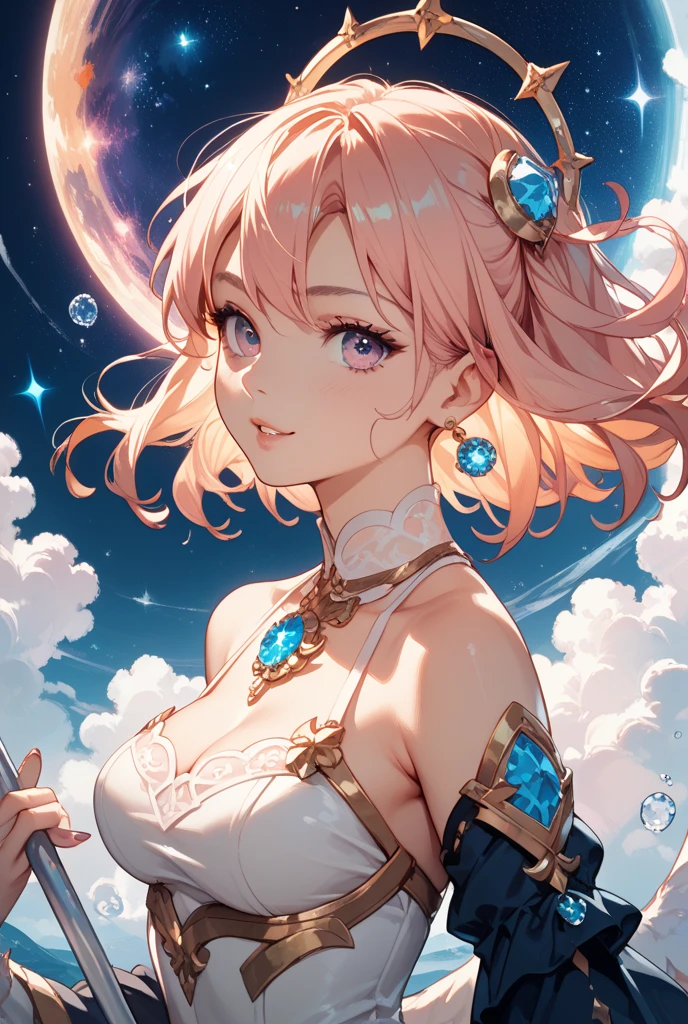 She has a gold ring on her head with a blue gem on top as her crown. She has light blue skin and short pink hair. She wears a white strapless bridesmaid dress that reaches the ground. She also wears a big purple bow on the dress around her waist. SPARKLE; GLITTER