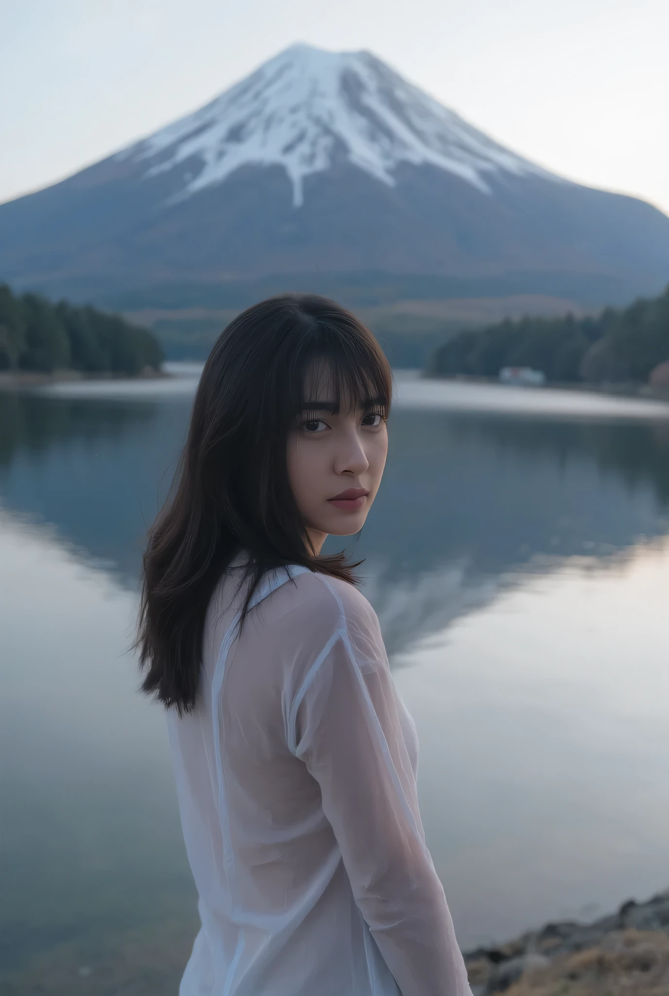 A girl in long sleeve thin shirt , fuji and lake background , dark theme , realistic